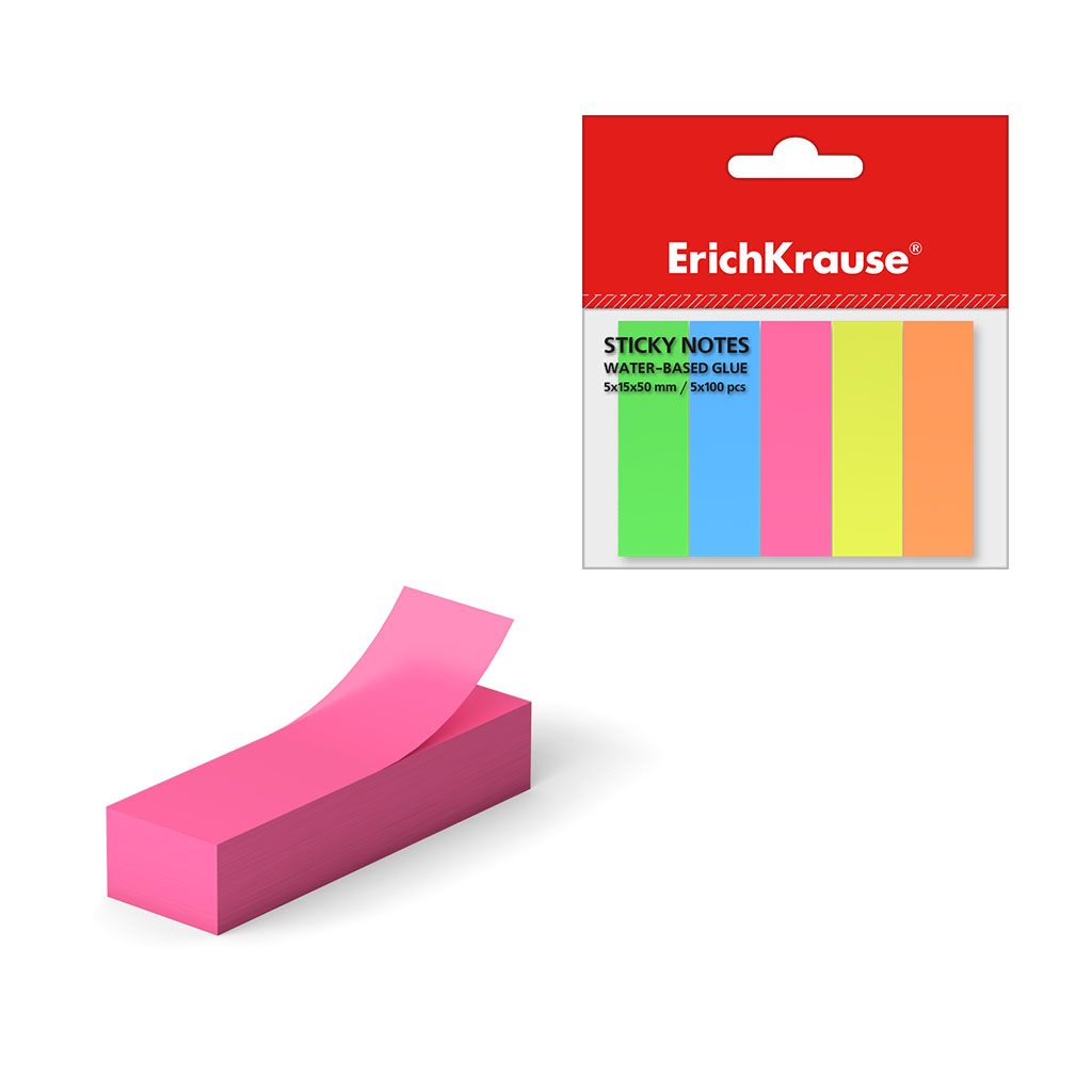 Закладки клейкие 15х50мм 5 цветов по 100л Erich Krause Neon, бумажные