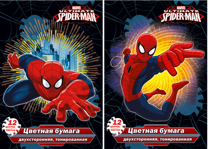 Бумага цветная 12цв 12л Spiderman тонир двухст Игр набор для дет.тв