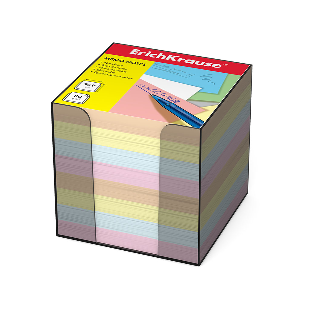 Блок для записей 9х9х9см в пластик. тонированной подставке Erich Krause, цветной, 80г/кв.м