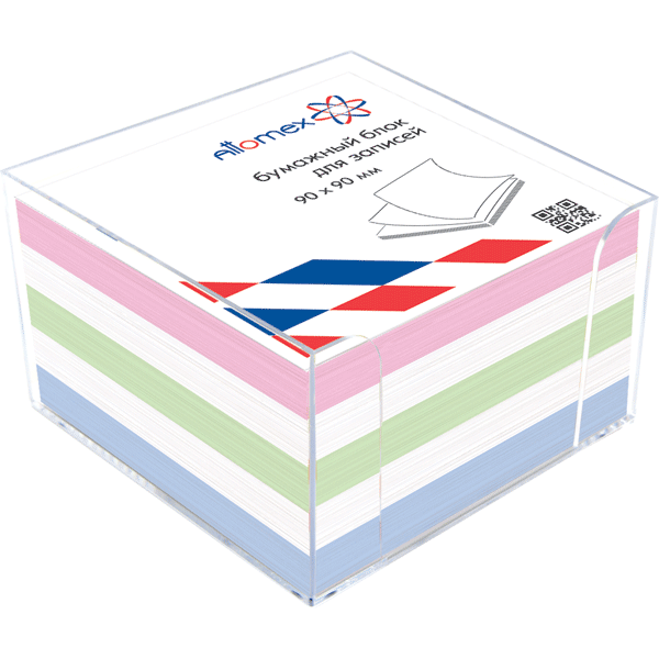 Блок для записей 9х9х5см в пластик. прозрачной подставке Attomex, цветной, 65г/кв.м