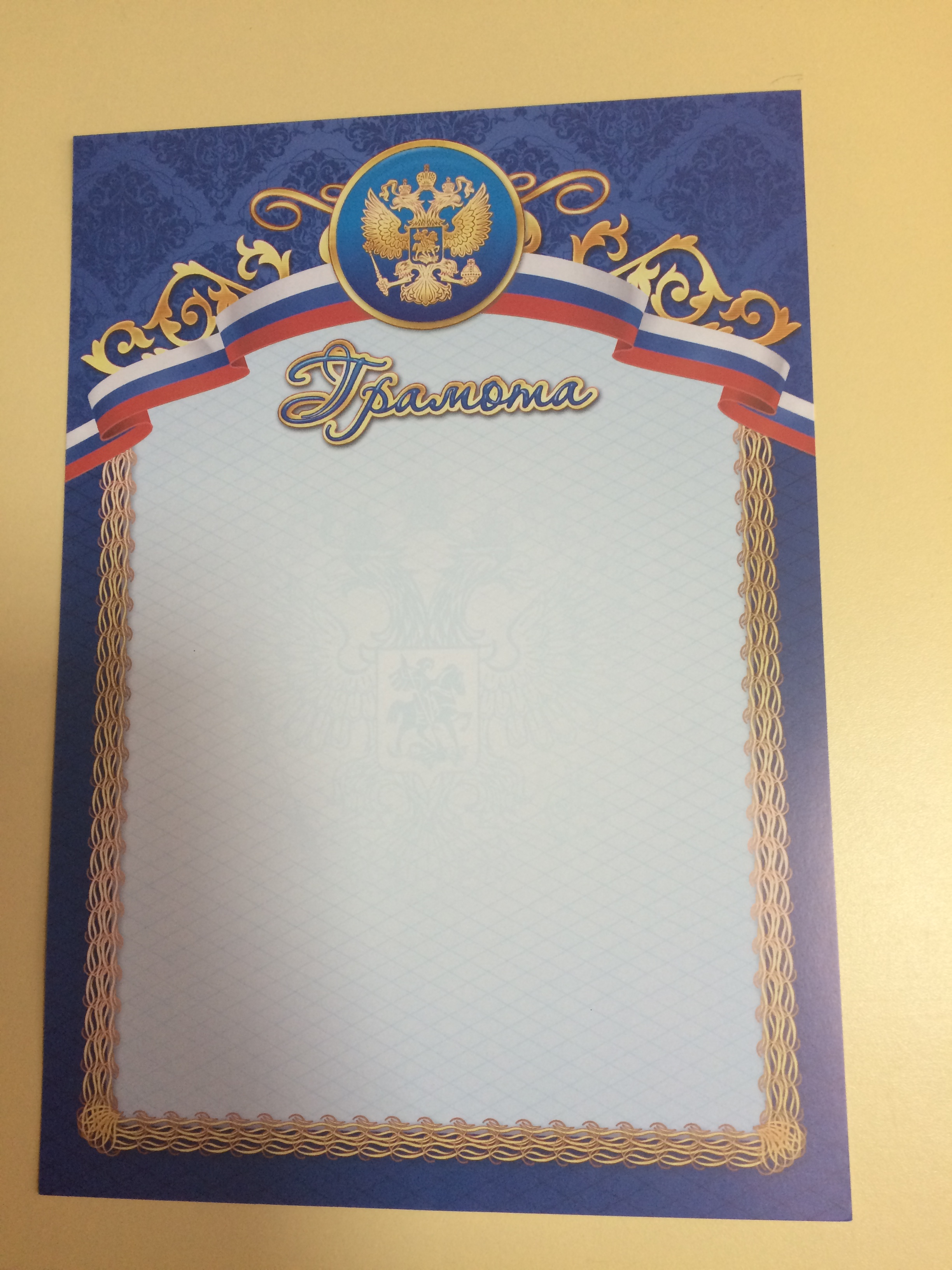 Грамота А4 Квадра, мелованный картон, синяя рамка, госсимволика