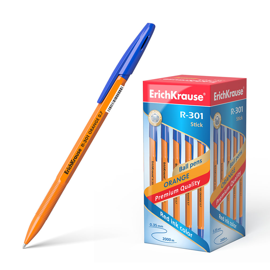 Ручка шариковая Erich Krause R-301 Orange Stick , синяя, 0,7мм, оранжевый корпус